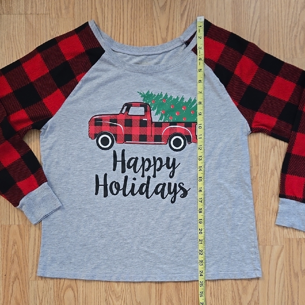 Plaid Sleeve Happy Holidays Kids Shirt - Picture 4 of 4